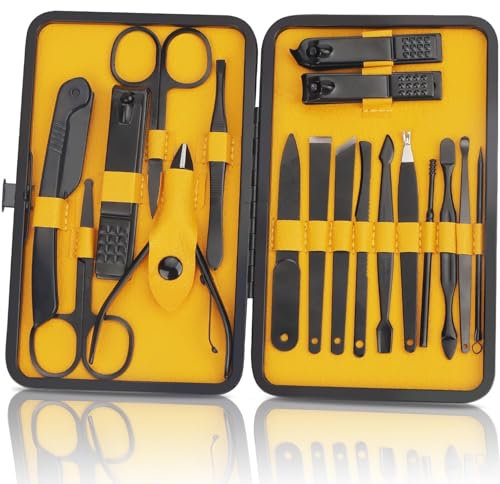 OWill Maniküre set,18-teiliges Nagelset,Professionelles pediküre set für Damen&Herren,Enthält Nagelknipser,Pinzetten,Nagelfeilen,Nagelhautentferner,Geschenk für Männer und Eltern(Gelb)