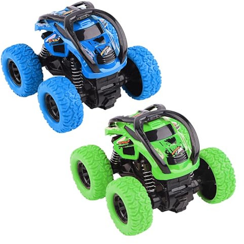 Tikplus 2 Stück Auto Spielzeug ab 2 Jahre, Rückziehauto Spielzeugautos ab 3 Jahre, 360-Grad-Drehungen Monstertrucks, Auto Geschenk für 2-10 Jährigen Jungen Mädchen(Grün,Blau)