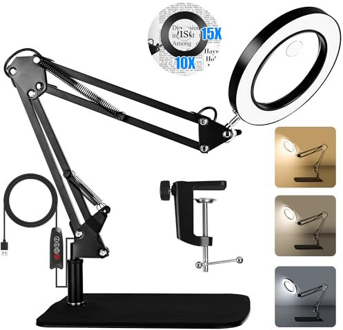 15X 10X Magnifying Glass with Light and Stand, 2 in 1 Magnifying Desk Lamp with Clamp & Base, 3 Color Modes Dimmable with Swing Arm, LED Lighted Magnifier Light for Reading, Repair, Crafts, Close Work