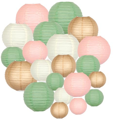 ADLKGG Paper Lanterns Party Decorative, Hanging Paper Lanterns for Sage Green Wedding Valentines Day Decorations Bridal Shower Birthday Neutral Baby Shower Decor Sage Green/Pink/Brown 21pcs