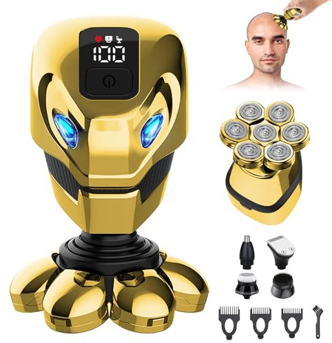 7D Rasoir Tete Chauve Homme, 5 en 1 Tondeuse Crane Chauve, Tondeuse Cheveux Hommes avec 7 Têtes de Rasoir Rotatives, Rasoir Crane Homme Chauve, Skull Shaver Lavable, Moteur puissant (Or)