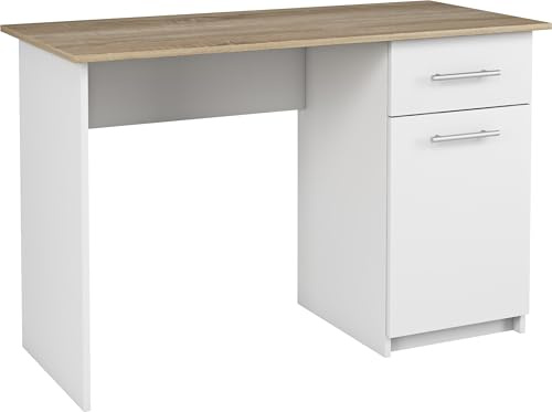 Shefa Line MIX Computer Desk 120x55 cm – Modern Home Office Desk with Storage, White & Oak, Sturdy & Stylish Workstation