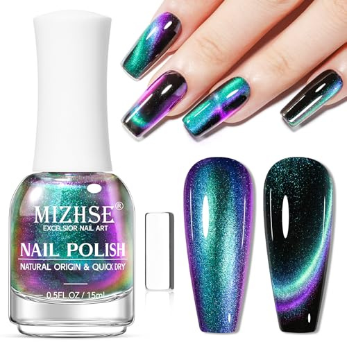 MIZHSE 9D Cat Eye Nagellack Reflektierendes Glitzer Cat Eye Nail Polish TPO HEMA Frei, Magnet Nagellack mit Holographisch Cateye Effekt, CatEye Nagelack Ohne UV Lampe, Schnelltrocknend 15ml 1PC