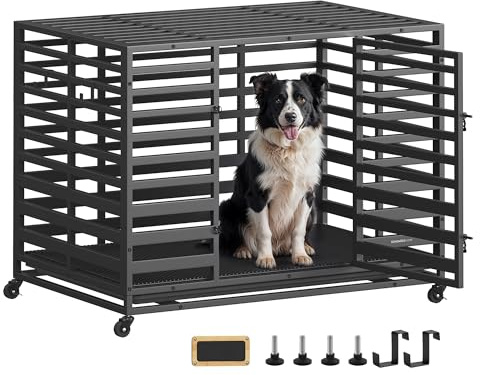 SONGMICS HOME Heavy-Duty Dog Crate Cage for Large Dogs, XL, Expandable, with Removable Tray, Door, Lockable Wheels, 107 x 70 x 82.5 cm, Ink Black PPD023B01