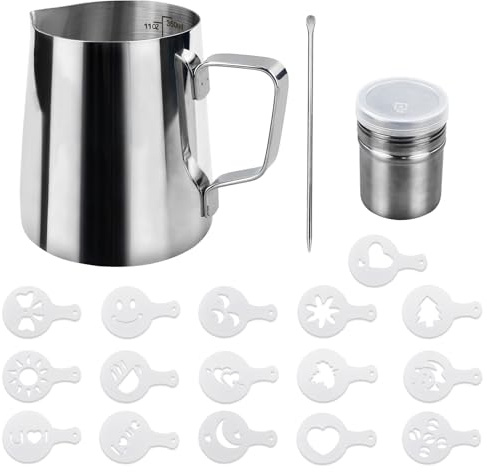 1 jarra de espuma de leche plateada, de acero inoxidable con espumador de cacao, aguja y plantillas para la preparación de café, capuchino, máquina de espuma de leche, caf