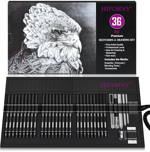 HIFORNY 36 PCS Sketching Drawing Pencil Set,Sketch Pencils Art Supplies with Graphite,Charcoal,Blending Tools,Accessories,Drawing Kit for Adults Artists in Canvas Roll Up Case