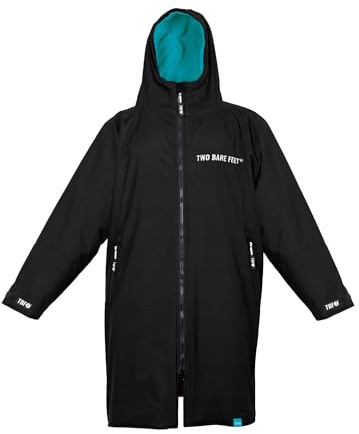 Two Bare Feet Core Waterproof Changing Robe – Unisex Kids Waterproof Windproof Coat, Fleece Lined, Ideal for Outdoor Swimming, Surfing, Camping, Beach Use (Black/Teal, 6-10 Years)