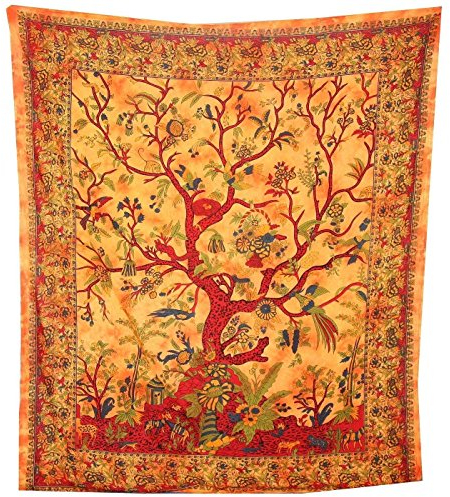 indischerbasar.de Indianische Decke, Wandbehang, Baum des Lebens, Orange, 230 x 205 cm, Mehrfarbig, Vögel, Blumen, Baumwolle, Tie Dye Stil, Überwurf für Sofa/Sessel