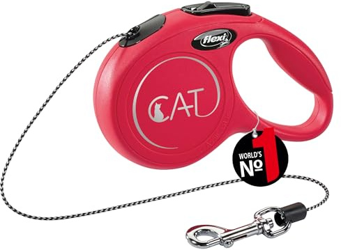 flexi® CAT | Laisse rétractable à cordon de 3 m pour chats jusqu'à 8 kg | Format de poche | poignée à 3 doigts | Rouge | Laisse à enrouleur | Poids : 100 g | Dimensions : 8,2 x 13 cm