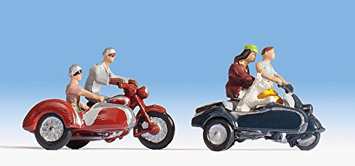 NOCH H0 Figuren Motorradfahrer, handkolorierte Miniaturfiguren für Modellbahn H0, Set aus 4 Figuren und 2 Motorrädern mit Beiwagen, Mehrfach