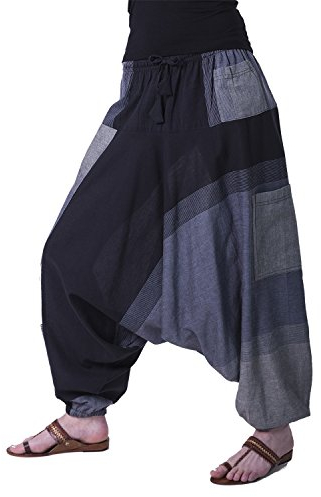 Kunst und Magie Bunte Aladin Haremshose Pluderhose Baumwolle Goa Hose Farbe:Grau/Schwarz