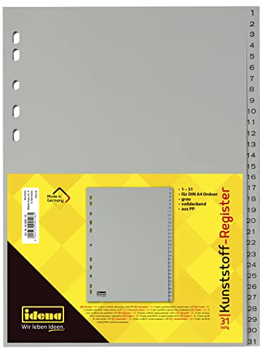 Idena 302009 - Register nummeriert 1-31, für DIN A4, aus Kunststoff, 31-teilig, volldeckend, grau, 1 Stück
