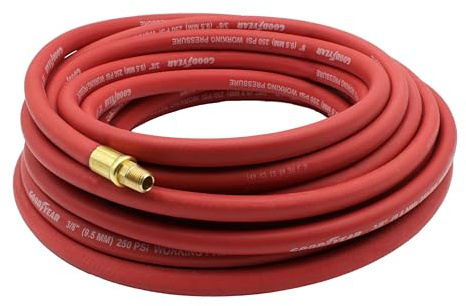 Goodyear 50' x 3/8 Red Rubber Air Hose - Working Pressure: 250 PSI - Burst Pressure: 1070 PSI - 100% Brass 1/4 NPT Fittings - Made in USA