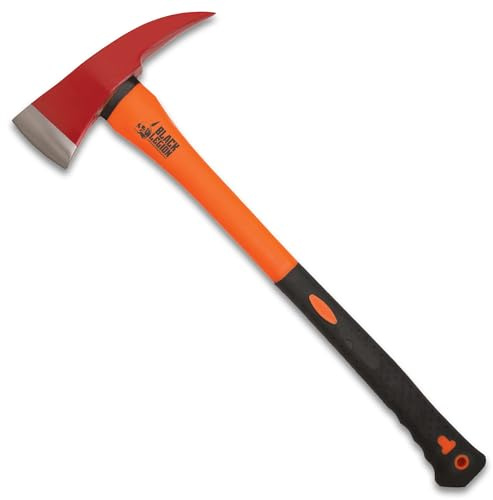Black Legion Firefighter Axe | All-Stainless Steel Construction | Striking Red Axe Head | No-Slip Rubberized Handle | 4 Blade | 23 1/2 Overall