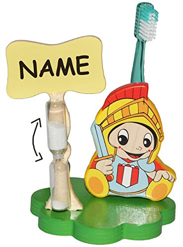 alles-meine.de GmbH Zahnbürstenhalter/Zahnputzuhr - Ritter incl. Name - mit Sanduhr + Zahnbürste - aus Holz - Badezimmer Bad Kinderzahnbürste/Jungen - Ritterburg - für Kinder..