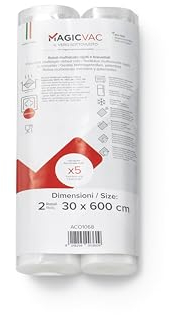Magic vac, 2 Rotoli Sottovuoto per Alimenti 30x600cm Rigati e Brevettati, Multistrato e Resistenti, in Materiale Privo di BPA Adatto al Contatto con gli Alimenti, Made in Italy