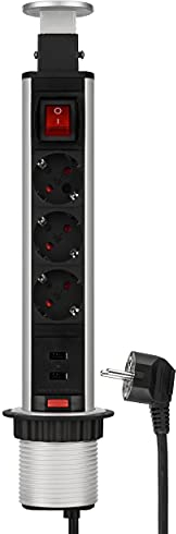 REV 0012398712 Mehrfachsteckdose, Steckdosensäule 3fach + USB, versenkb. 1,5m, 3500W, schwarz