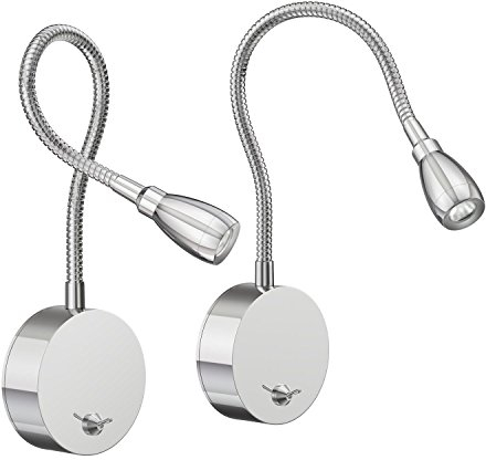 ledscom.de 2 Stück LED Leselampe/Wandleuchte HAN, Schwanenhals, Schalter, chrom glänzend, weiß