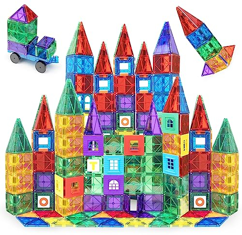 Playmags 150 Pcs Magnet Building Tiles Set Age 3+ for Kids - Colorful Stronger Magnets - 3D Magnetic Building Blocks - STEM Creative Construction Toys - Magnetic Tiles For Kids