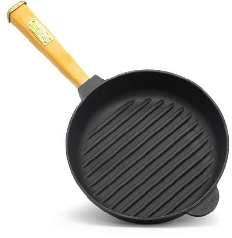 Grillpfanne aus Gusseisen 26 cm Steakpfanne BRIZOLL Bratpfanne Holzgriff Gusseisenpfanne Feuerpfanne Gusspfanne Cast Iron Pan alle Herdarten Induktion