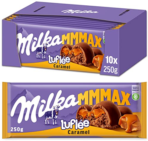 Milka Luflée Caramel Großtafel 10 x 250g, Zartschmelzende Schokoladentafel mit flüssigem Kern und luftiger Alpenmilch