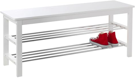 Home4You Schuhregal mit Sitzbank und 2 Ebenen für 10 Paar Schuhe - 108 cm breit - Kiefernholz massiv - Metall - Chromfarben - Weiß - Schuhbank Schuhschrank Schuhablage Schuhständer Schuhaufbewahrung
