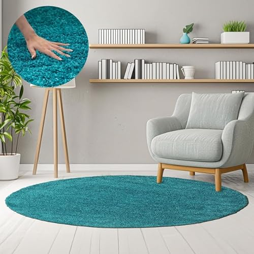HomebyHome Teppich Rund Hochflor 120 cm Rund - Shaggy Runder Teppich Wohnzimmer Türkis Extra Weich und Flauschig - Waschbarer Langflor Teppiche für Schlafzimmer, Küche, Flur - Carpet, Halı, Kilim