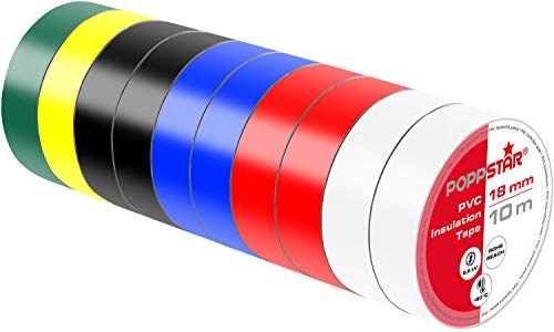 POPPSTAR Cinta aislante de PVC 10 m (18 mm de ancho, 0,18 mm de grosor, 2x blanco, rojo, azul, negro / 1x amarillo, verde), 10 rollos
