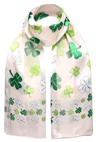 Basic Sense St. Patrick's Day Scarf – Satin Stripe Silky Neckerchief with Lucky Shamrock Clover Print – Green Irish Costume Accessory – Made in South Korea