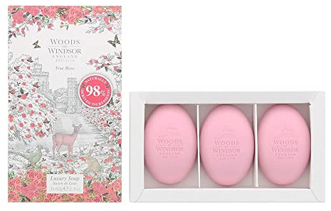 Woods of Windsor Rose Soap Bars, Moisturising Soap Bar with Shea Butter, Hand and Body Soap, True Rose Scent 3 x 60g