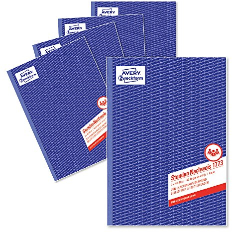 AVERY Zweckform 1773-5 Stunden-Nachweis (A4, selbstdurchschreibend, von Rechtsexperten geprüft, für Deutschland u. Österreich zur lückenlosen Arbeitszeiterfassung, 2x40 Blatt) 5er Pack weiß/gelb