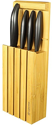 Kyocera 3in1 Bambus Messerblock | mit 4 Keramik Messer Schwarz | Santokumesser, Universalmesser, Gemüsemesser, Schälmesser | Hinstellen, Aufhängen oder Hinlegen in der Schublade | 34x12,3x6,6 cm