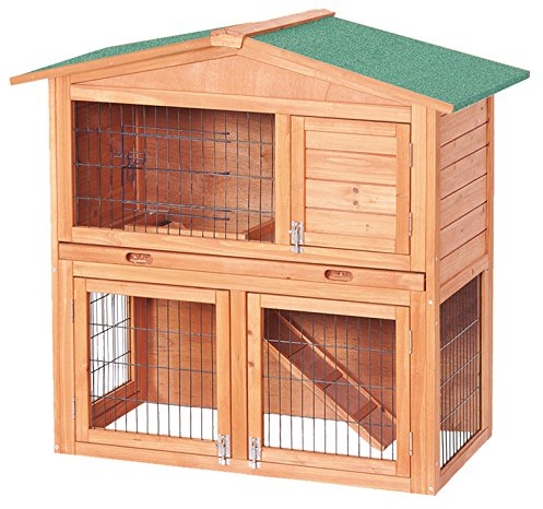 Wiltec 2 Etagen Nagerhaus 871 x 547 x 1000 mm, Hasenstall zweistöckig aus Fichtenholz, mit Bitumeneindeckung und Kotwanne, Kleintierhaus Freilauf Gehege