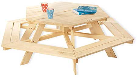 Pinolino 201038 Kindersitzgarnitur Nicki 6-Eck, aus massivem Holz, 6 Bänke mit 1 Tisch, empfohlen für Kinder ab 2 Jahren, Natur, 162x162x50 cm