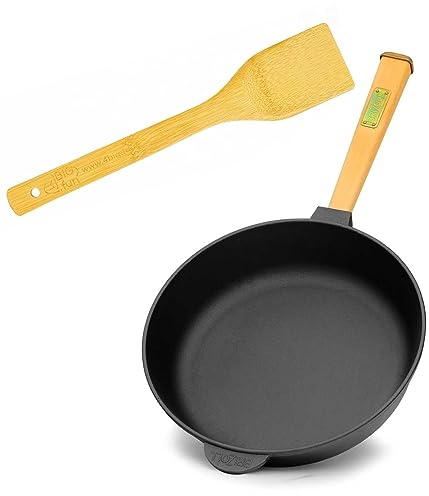 Gusseisenpfanne Ø26 cm (tief) BRIZOLL Bratpfanne aus Gusseisen Eisenpfanne Gusspfanne rund mit abnehmbarem Holzgriff und Pfannenwender von 4big.fun INDUKTION für alle Herdarten Backofen Grill