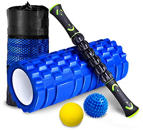 HBselect Faszienrolle 4in1 Set Wirbelsäule Foam Roller Massagerollen Duoball Massagestäbchen Massageball (Blau)