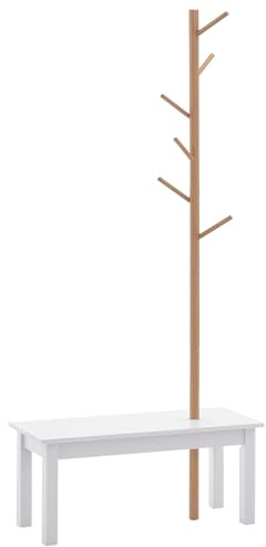 HOMCOM Panca con Appendiabiti da Ingresso Design 80x30x180cm Bianco Legno | Attaccapanni da Terra in Bambù, Panca da Ingresso Bianca, anche per Camera da Letto