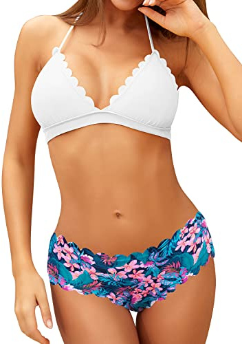 SHEKINI Bikini Imbottito Costume da Bagno Due Pezzi Regolabile Halter Triangolo Top Bikini da Donna Mare Classic Bordo Smerlato con Stampati Floreale Bikini Fondo (XL, Bianco)
