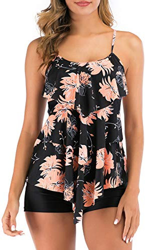 FLYILY Damen Zwei Stücke Tankini Rüschen Volant Geschichtet Bademode mit Boy Legs Shorts Rüschen Große Größen Bademode Badeanzug(BlackFlower,XXXL)