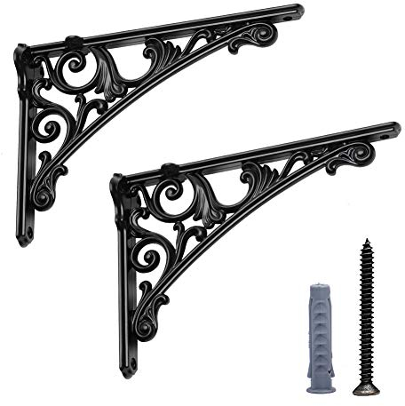 HARPOON Lot de 2 supports d'étagère de 20,3 cm robustes - Support mural baroque décoratif pour cuisine - Noir