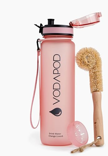VODAPOD Motivational Water Bottle with Time Marker | 32oz Daily Water Intake Bottle | Gym Sports Water Bottle | Fruit Infuser Screen | 1 Liter BPA-Free Durable Leakproof with Eco-Friendly Brush (Rose)