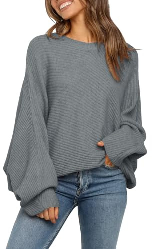 Fessceruna Maglione da Donna Oversize con Maniche a Pipistrello Lavorato a Maglia Invernale con Collo Rotondo Felpa a Coste, Grigio, M