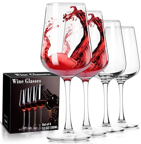 ParaCity Juego de 4 copas de vino sopladas a mano, cristal transparente, copa de vino con mango largo para vino tinto y blanco, vasos de 12 oz para mujeres, hombres, bodas y cumpleaños, regalos de