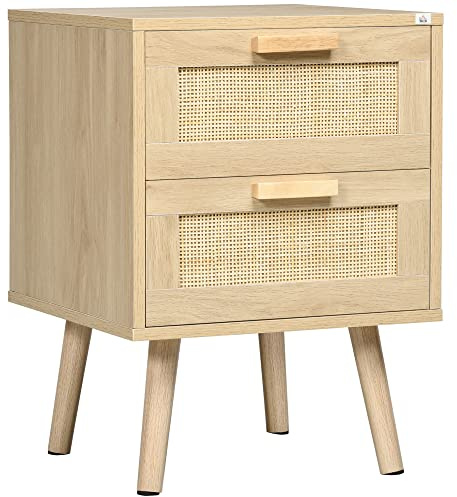 HOMCOM Comodino per Camera da Letto con 2 Cassetti, Tavolino in Stile Boho Elegante 40x40x56cm, Colore Legno Naturale