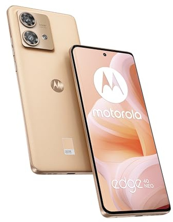 Motorola edge40 neo Smartphone (6,55-FHD+-Display, 50-MP-Kamera, 12/256 GB, 5000 mAh, Android 13) Peach Fuzz, inkl. Schutzcover + KFZ-Adapter [Exklusiv bei Amazon]