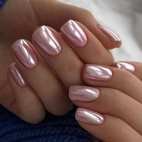 24 Pièces Faux Ongles Court Carrés, Aurore Rose Press on Nails Français Ongles à Coller, Brillant Acrylique Pleine Couverture Faux Ongles Autocollants Adhesif pour Femmes et Filles DIY Manucure