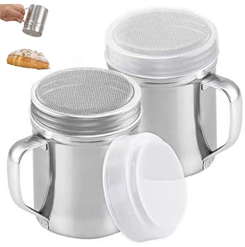 2Pcs Powdered Sugar Shaker Duster, Stainless Steel Fine Mesh Powder Duster, Sugar Shaker with Handle & Plastic Lid for Powder Sugar Pepper Coffee Flour