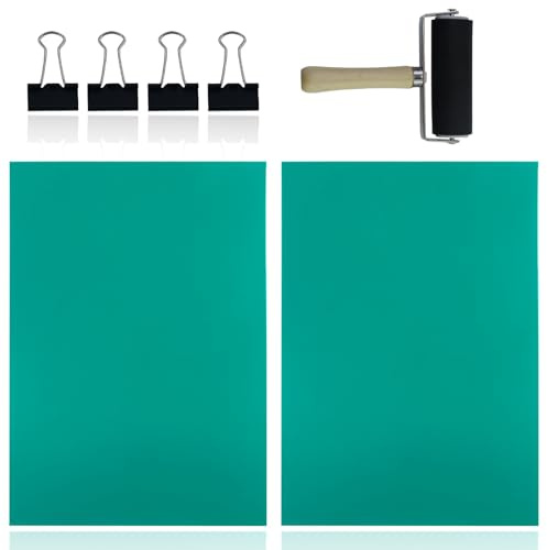 JRSHIRLEYLTD 2 placas de impresión de linóleo de goma, tamaño A4, con 1 rodillo y 4 clips de encuadernación, para manualidades, sellos, goma blanda, placa de impresión de linóleo (verde)