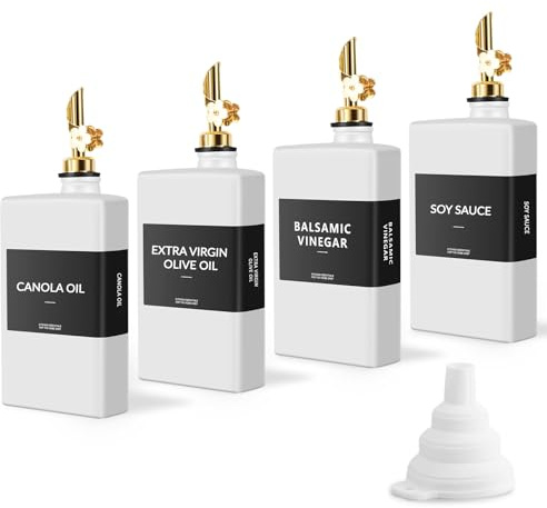 Skleptix 4-pack fyrkantig glasoljedispenser, vit köksolivoljeflaska med plommonformad automatisk öppnare, olje- och vinägerdispenserset med silikontratt och 40 vattentäta etiketter (350 ml/11,8 oz)