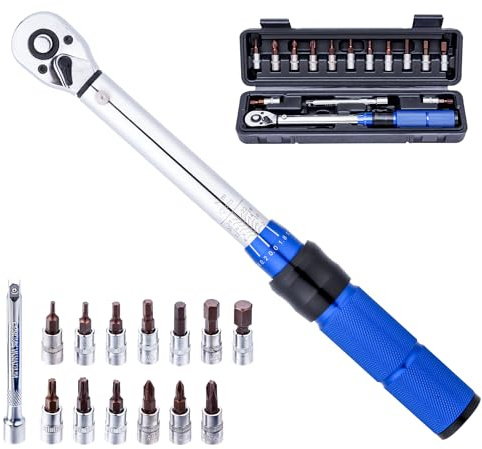 KATSU 1/4 Inch Drive Click Torque Wrench 15 PCs Set 2-24 Nm 72 Teeth Bike Torque Wrench with Hex & Torx Socket Bits and Extension Bar for Road and Mountain Bicycles Repair